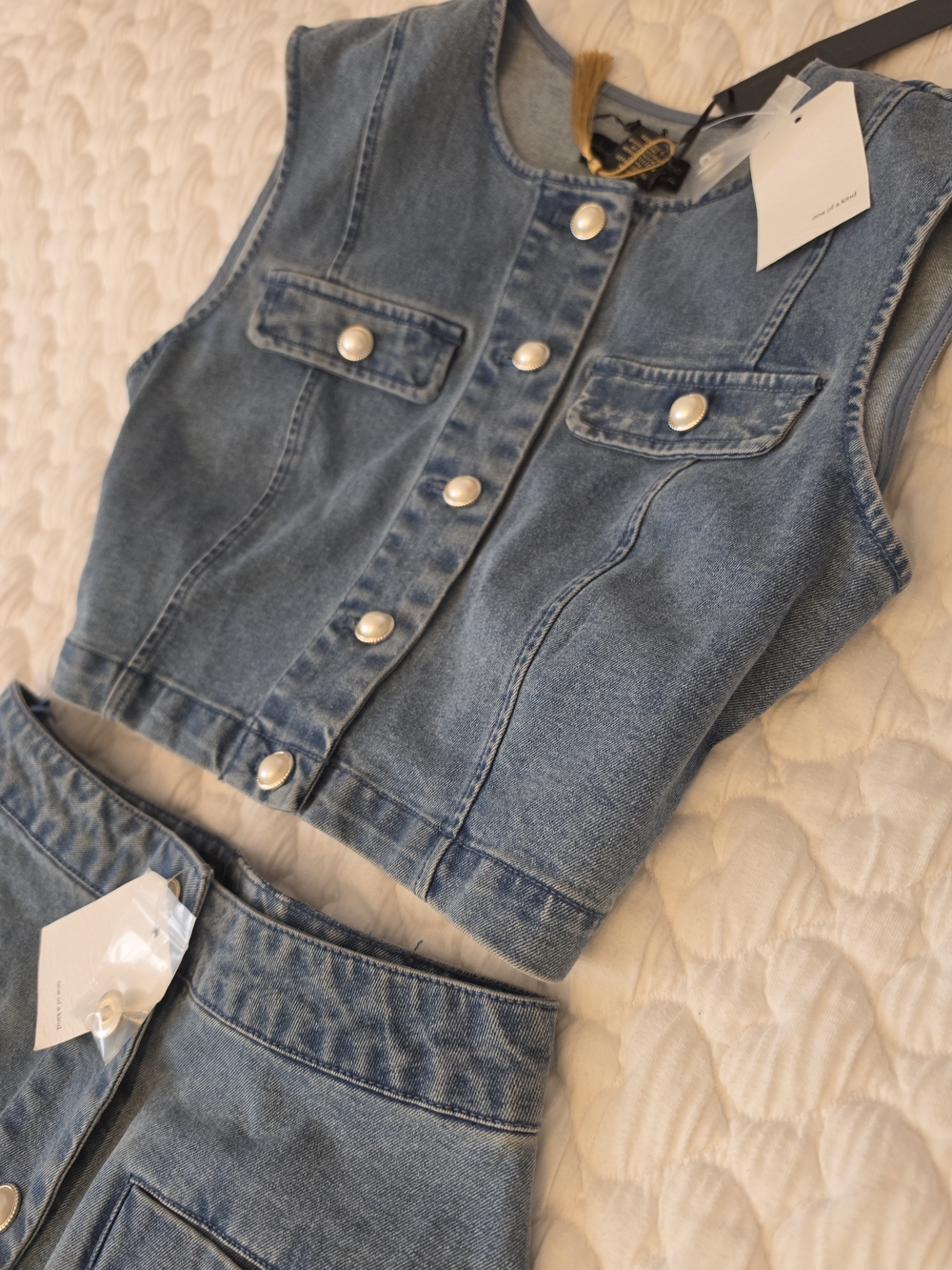 House Of Harlow 1960 Sleeveless Light Blue Denim Crop Top Jeans Set